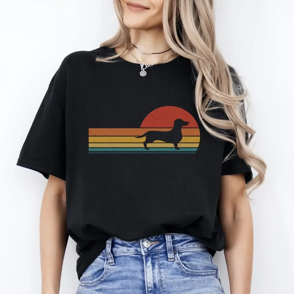 Retro Dachshund T-Shirt gift Dachshund Dog mama Unisex Tee Black Navy Dark Heath tops Unisex Summer Short Sleeve