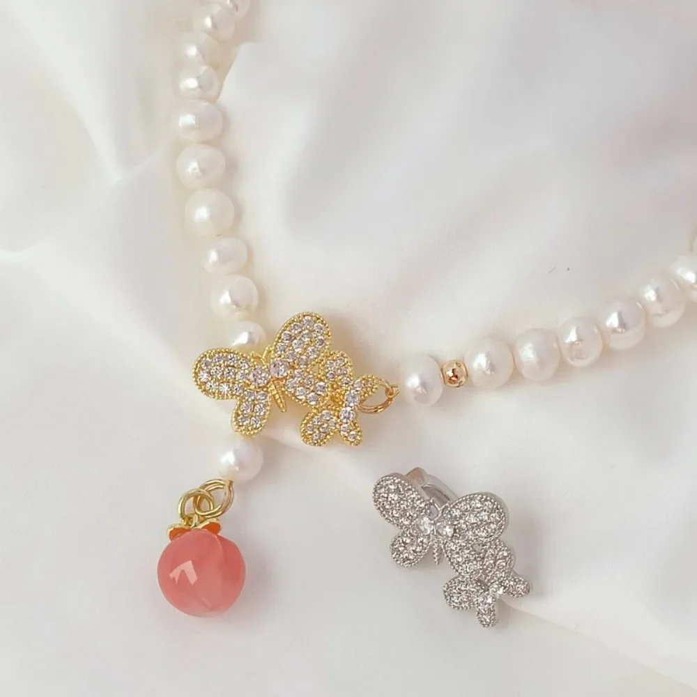 

14K Gold-plated Zircon Double Butterfly Button Pearl Necklace Clasp DIY Jewelry Fixing Clip Accessory