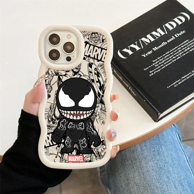 

Cartoon Marvel Deadpool Venom Phone Case For iPhone 17E 11 12 13 14 15 16 17 Pro Max 16e Air 13 Plus Wave Side Candy Color Cover