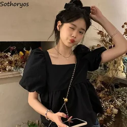 Blusas mujer cuello cuadrado dulce suelto estilo francés Puff manga elegante volantes Simple Ulzzang sólido moda temperamento estudiante verano