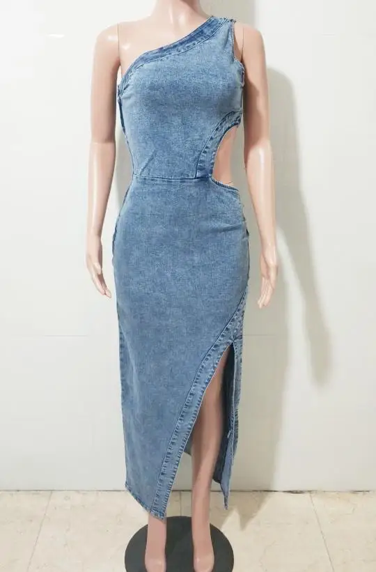 

Womens Dresses 2026 New Spring Solid Color Sexy One Shoulder Hollow Waist Sleeveless Slim Fit Slit Casual Long Denim Dress