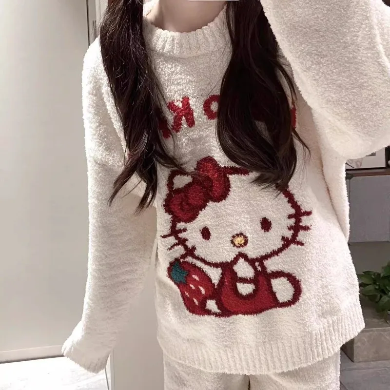 Sanrio Hello Kitty Warm Sleepwear Women\'s Autumn and Winter Knitted Long Sleeved Top+long Pants Home Suit Set Kawaii Clothes