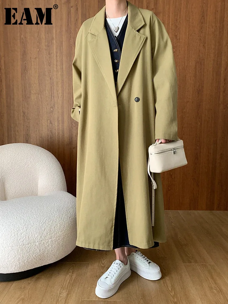 

[EAM] Women Beige Belted Big Size Long Elegant Trench New Lapel Long Sleeve Windbreaker Fashion Tide Spring Autumn 2024 1DH6599