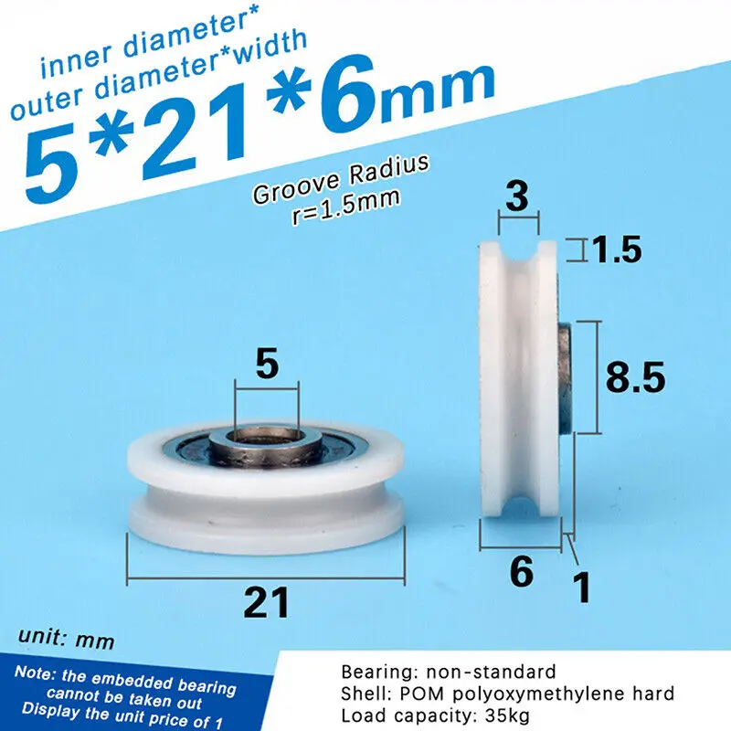 1PC 5 * 21 * 6mm U Groove Bearing Pulley Line Lifting Wheel Bathroom Wheel Hard Stainless steel