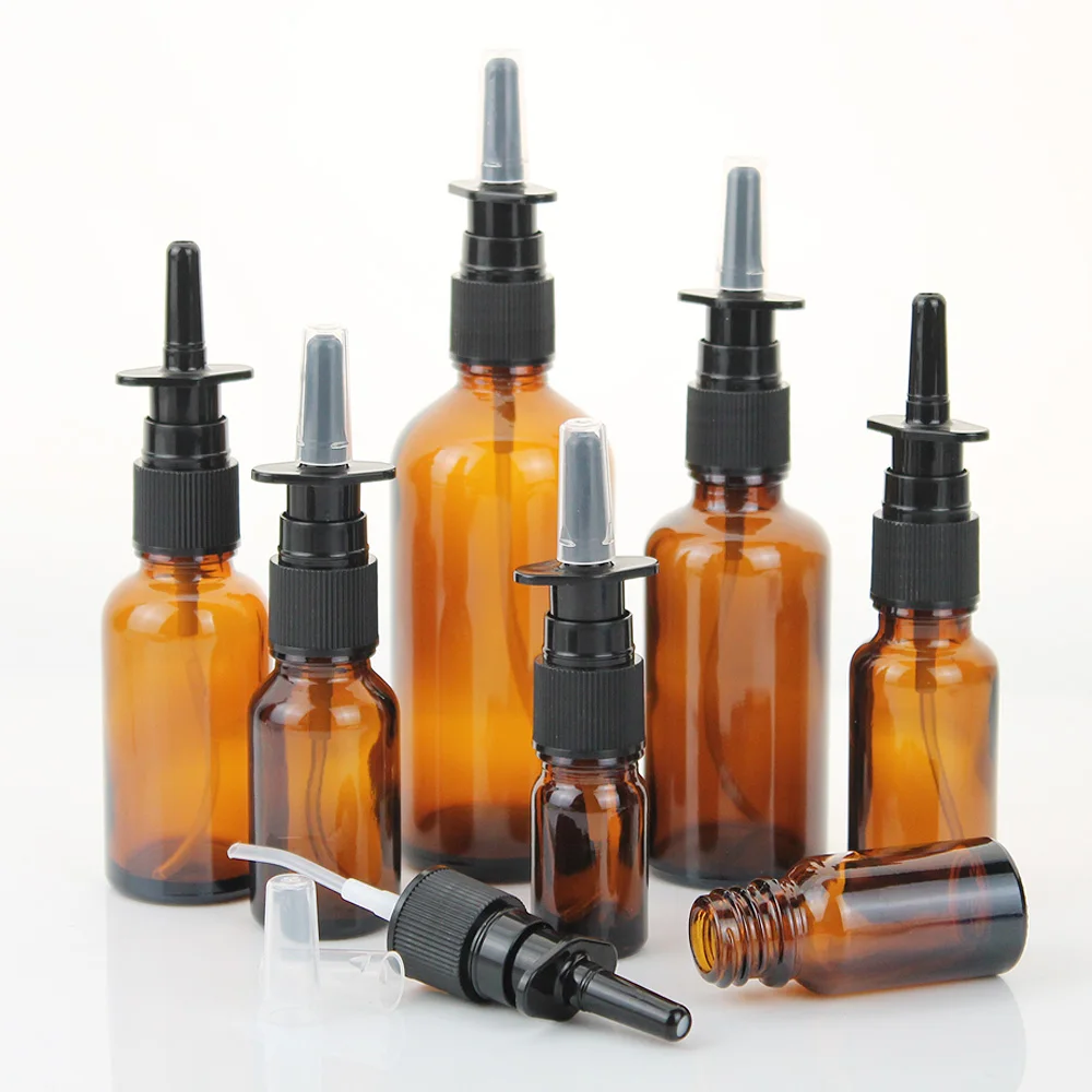 10pcs 5ml 10ml 15ml 20ml 30ml 50ml 100ml Amber Nasal Spray Bottle Glass with Fine Nose Mist Sprayer Press Spray Head Atomizer