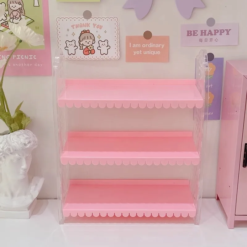 3 Layers of Pink Flowers Edge Item Shelf Countertop Storage Decoration DIY Desktop Hand Toy Model Storage Display Cabinet Rack