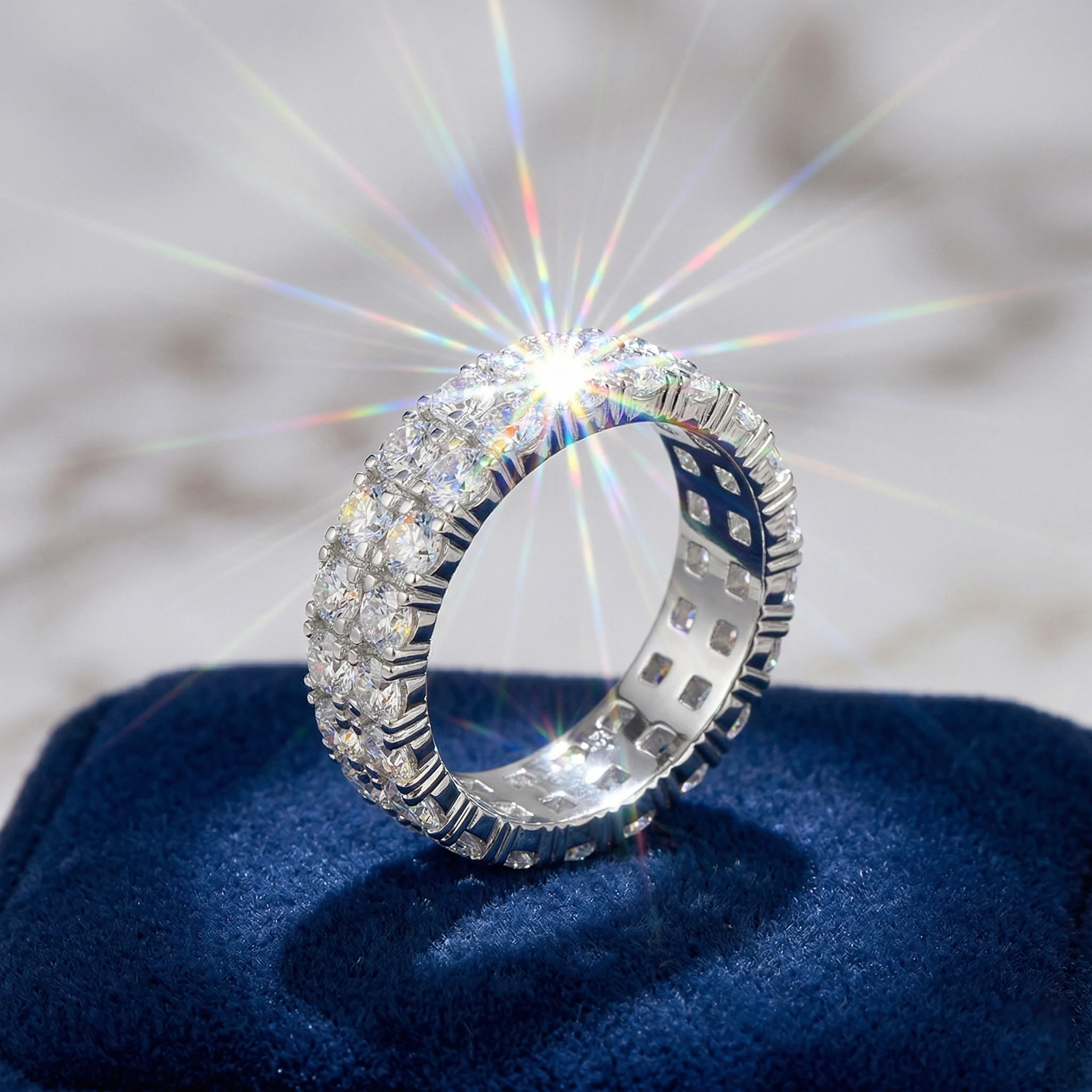 Moissanite Ring, 925 Sterling Silver, D Color VVS1, Double Row Full Pave, Unisex Stackable, Pass Diamond Tester