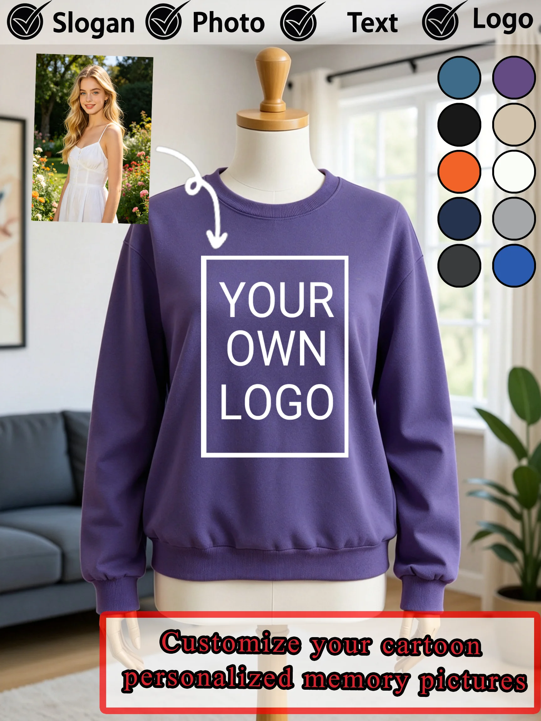 Y2K DIY Customize Logo Text Pullovers Women's Autumn Oversized Sweatshirt Casual Fleece Clothes Crewneck Jogging Streetwear
