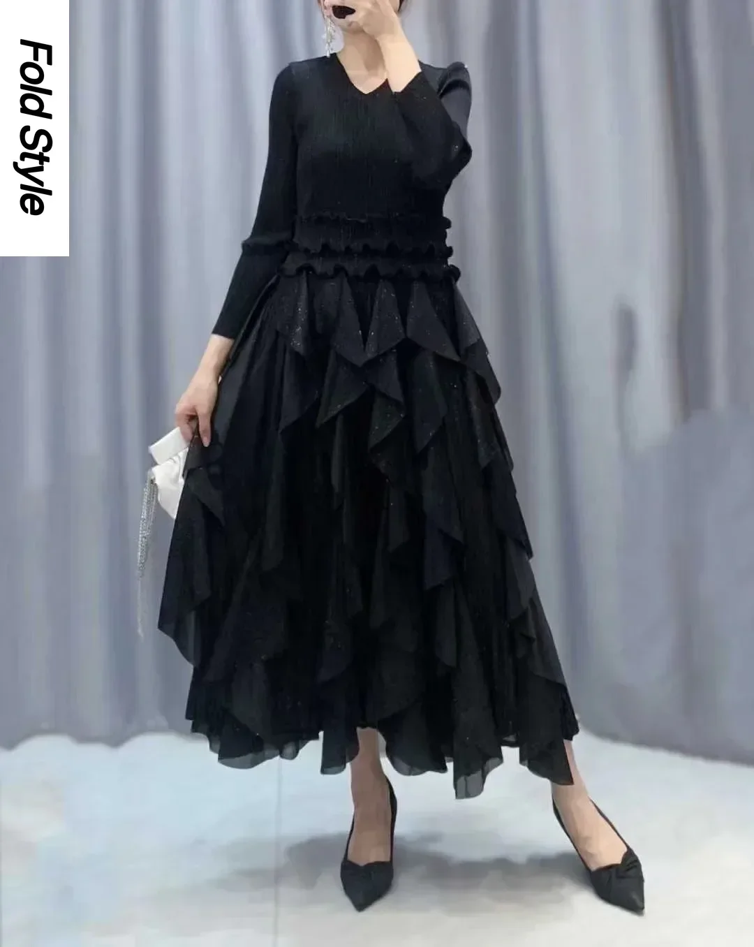 2024 Miyake Pleated Dress Autumn Foreign Trade Cross-border High-end Design Ruffle Edge Slim-fitting Long Dress