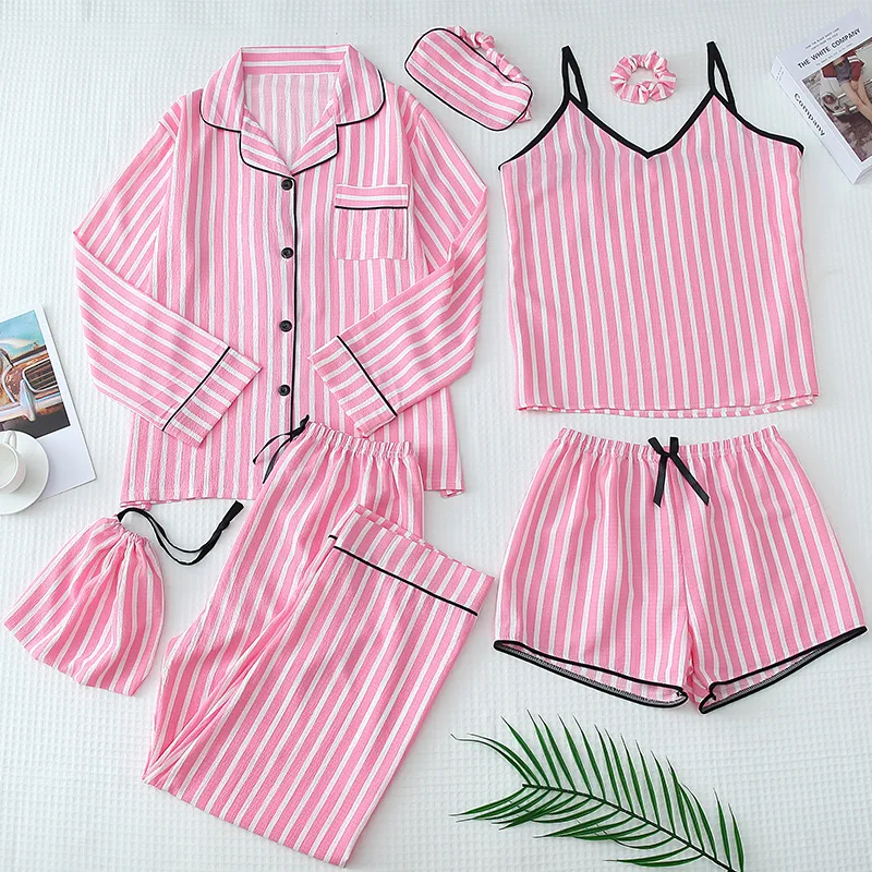 

Women Pajama Set Striped Pajamas 7-Piece Set Women Bubble Wrinkle Homewear Long Sleeve Pants Eye Mask Set Sleepwear