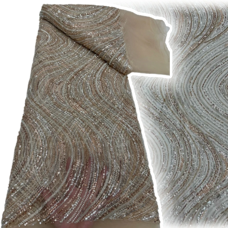 

New Design African Heavy Beaded Sequins Chiffon Lace Fabric Green Nigerian Tulle Lace Fabric Women's Evening Gown Sewing 2023