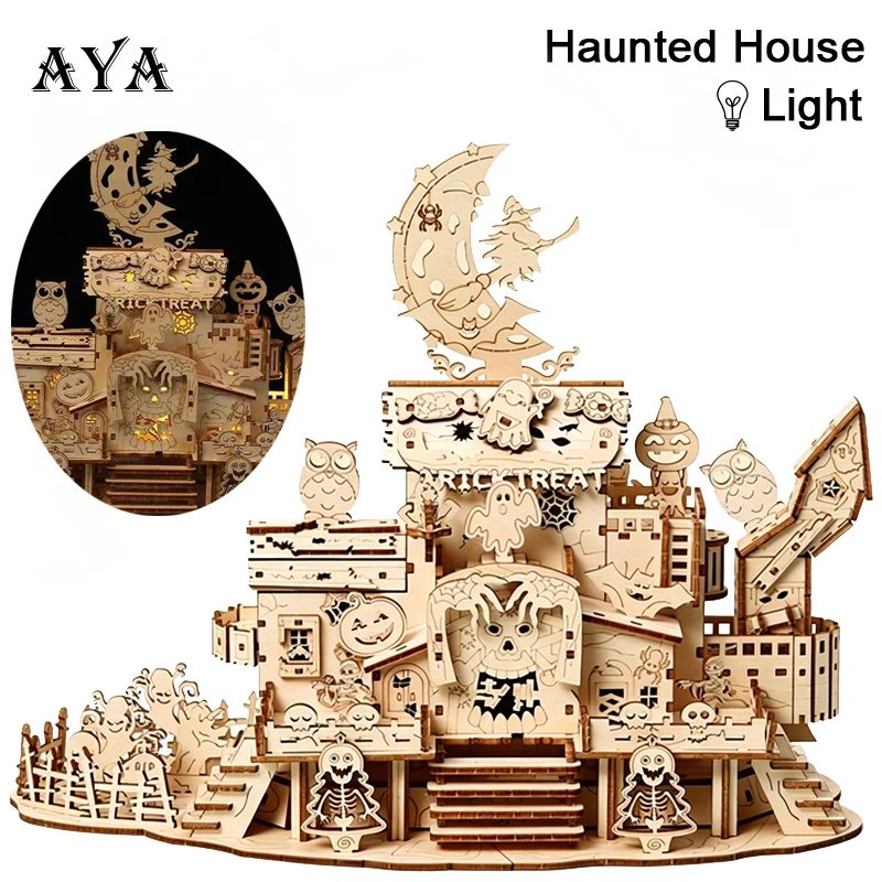 

Halloween Haunted House 3D Wooden Puzzle Ghost Tree with Light DIY Model Craft Kits Desk Decoration Toys Gift for Teens Adult