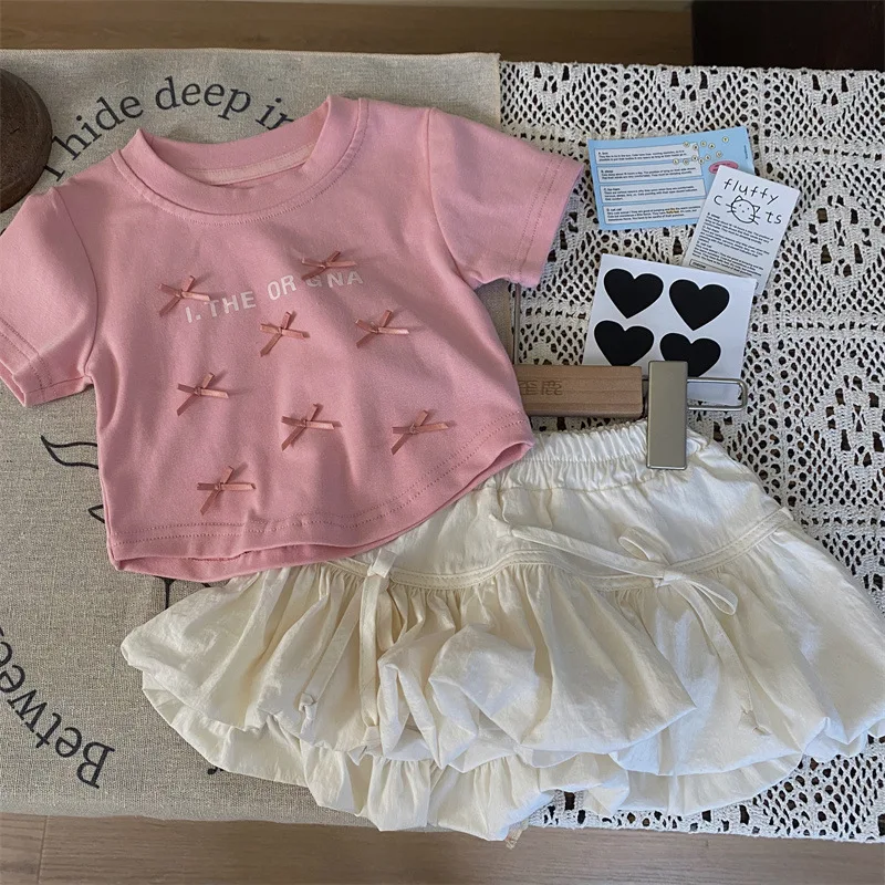 

2-8 Years Baby Clothes Set Girls Bow Blouse Suit Children Sweet Top Bud Skirt 2 Pieces Summer New Short-Sleeved T-Shirt Outfit