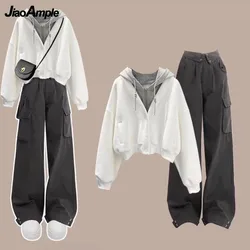 Women's Autumn Winter New Tracksuit Matching Set Korean Elegant Fake Two-piece Hoodie+casual Cargo Pants Suit Girl Trousers Set