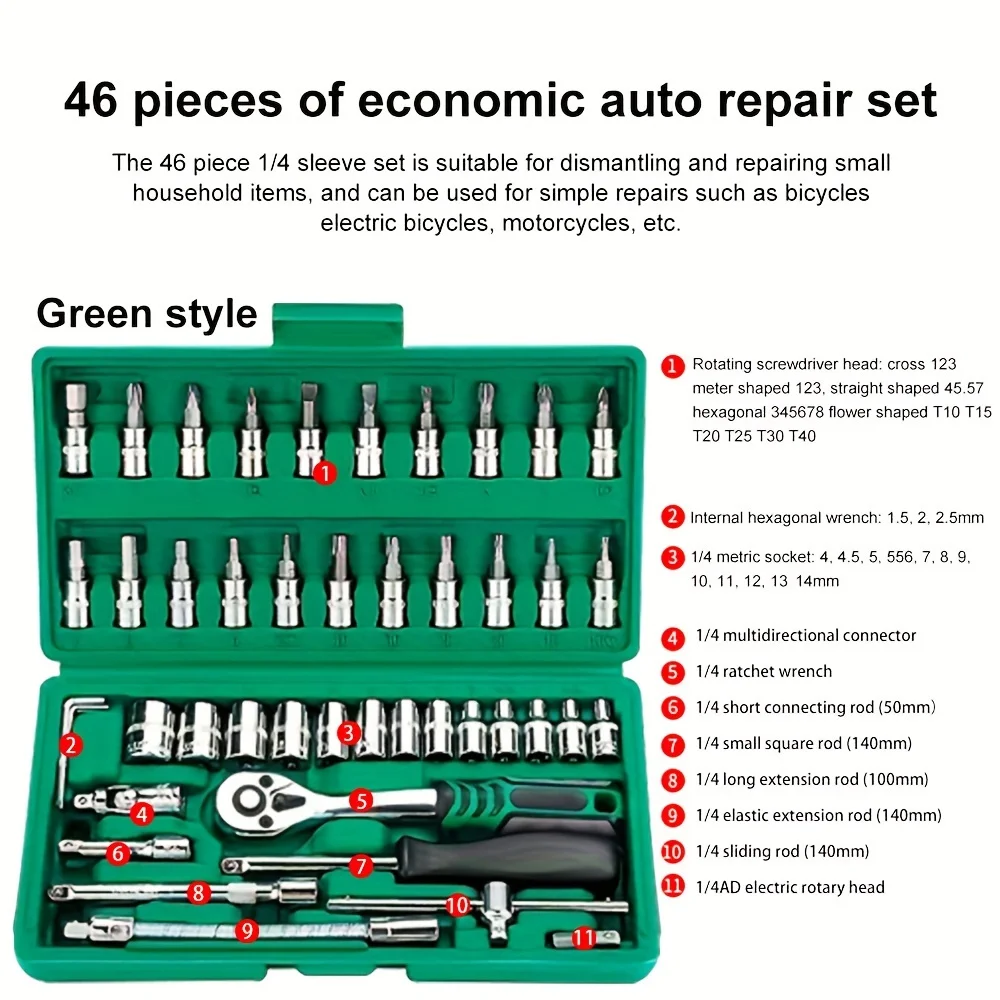 46 Stuks 1/4 Inch Drive Socket Ratelsleutelset, Met Bit-Socket Set Metrisch En Verlengstang Voor Auto Repareren En Huishouden