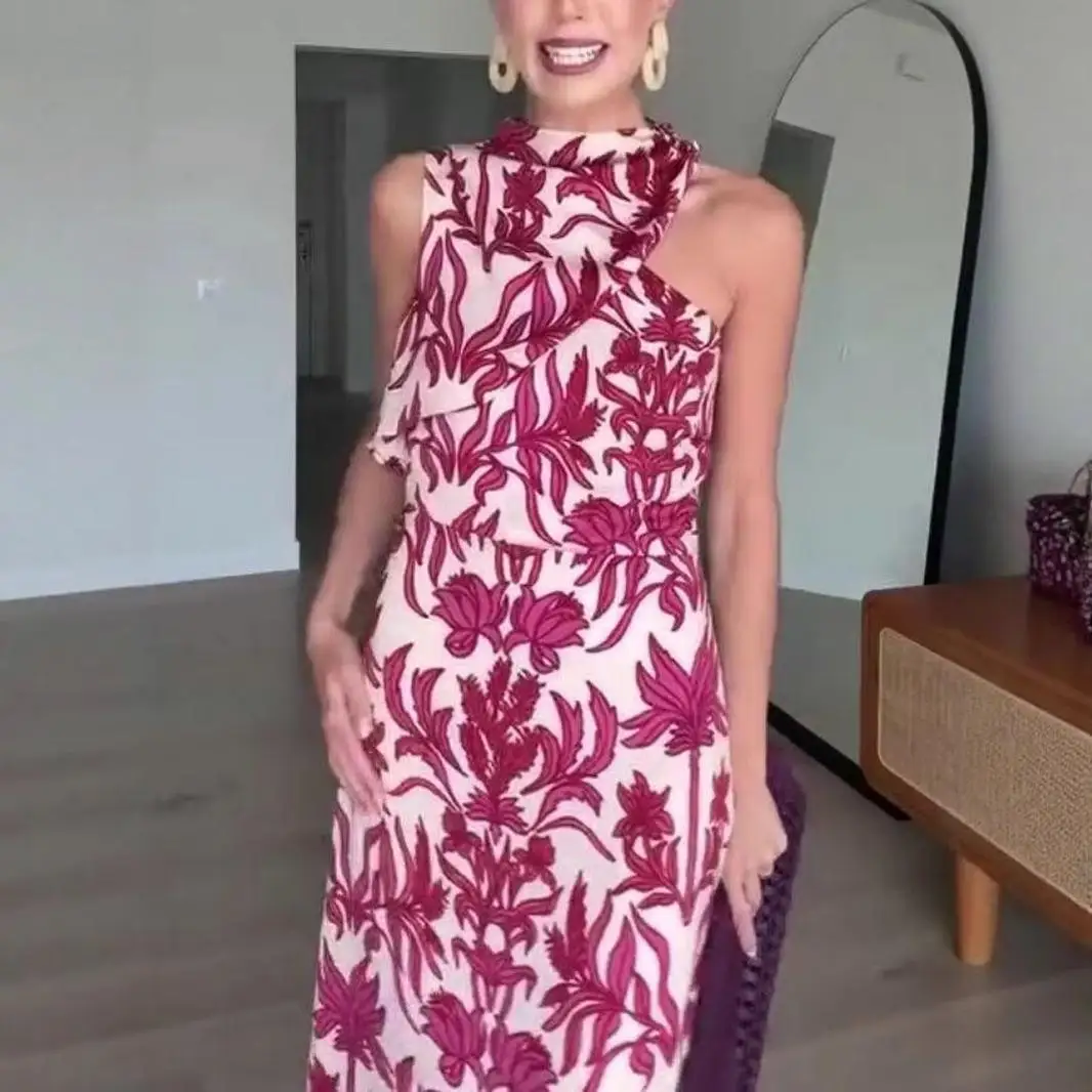 Sexy Faionable Zomer Print Lange Enkele oulder Dr vrouwen Hoge Taille Polyester ort Sve Jurk Chinese Nieuwe 2025