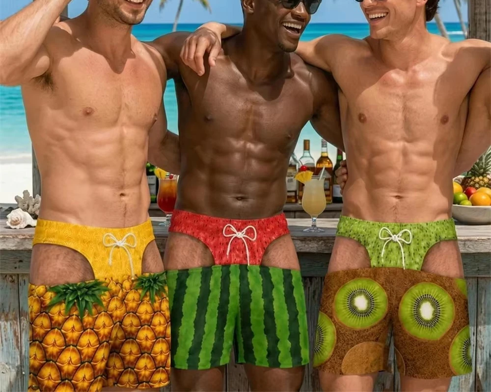 3D Print Fake Buttock Funny Fruit Pattern Men Swim Trunks Watermelon Banana Pineapple Summer Outdoor Sea Beach Shorts Party Moto
