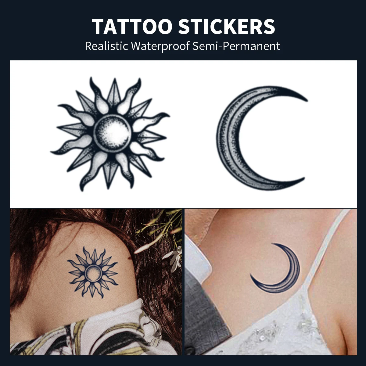 

1PC New Punk Sun Moon Couple Tattoo Waterproof Temporary Tattoo Sticker Women Men's Body Art Arm Collar False Tattoo Accessories