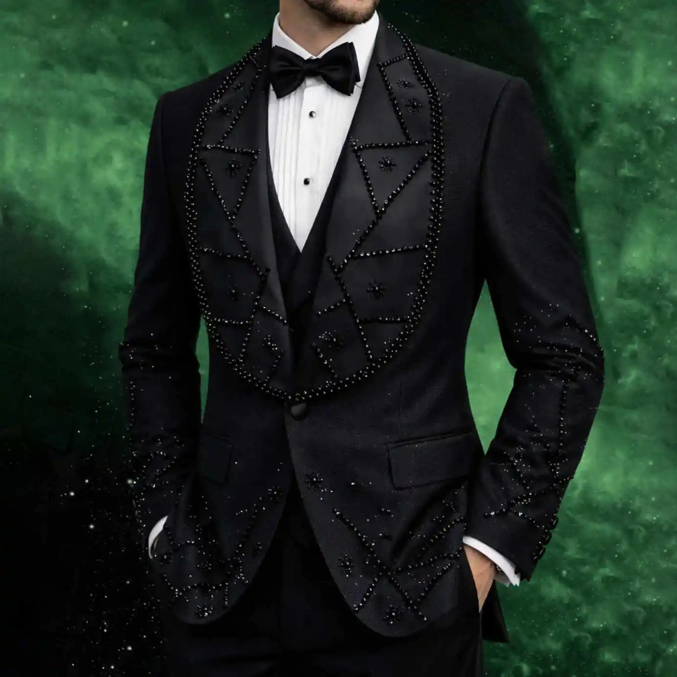 

Luxury Men's Suits 2 Pieces Beading Single Breasted Groom Tuxedos for Wedding Slim Fit Formal Business Custom Made Plus Size