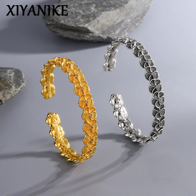 

XIYANIKE Vintage Purple Zircon Flower Geometric Cuff Bracelet For Women Girl Fashion New Jewelry Gift Party Music Festival