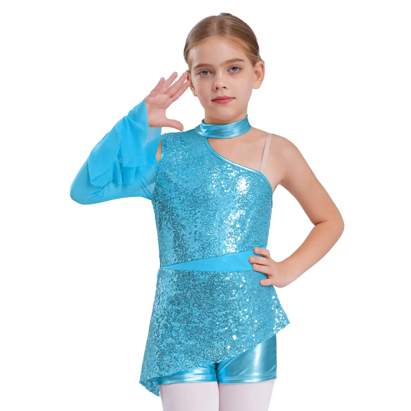 6-16y Kids Girls Sparkly Sequins Latin Jazz Dance Peplum Leotard Dance Costume Ballroom Dancing Tango Performance Bodysuit