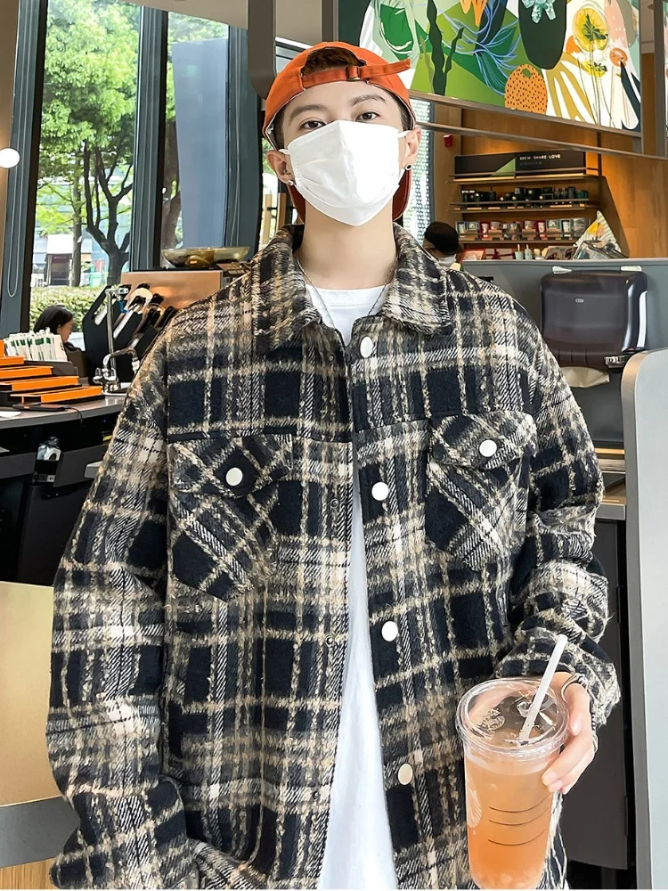 

Мужская рубашка в клетку с длинным рукавом, повседневная, в гонконгском стиле, винтажная, весенняя, новая модная, молодежная, популярная, свободного кроя, на пуговицах