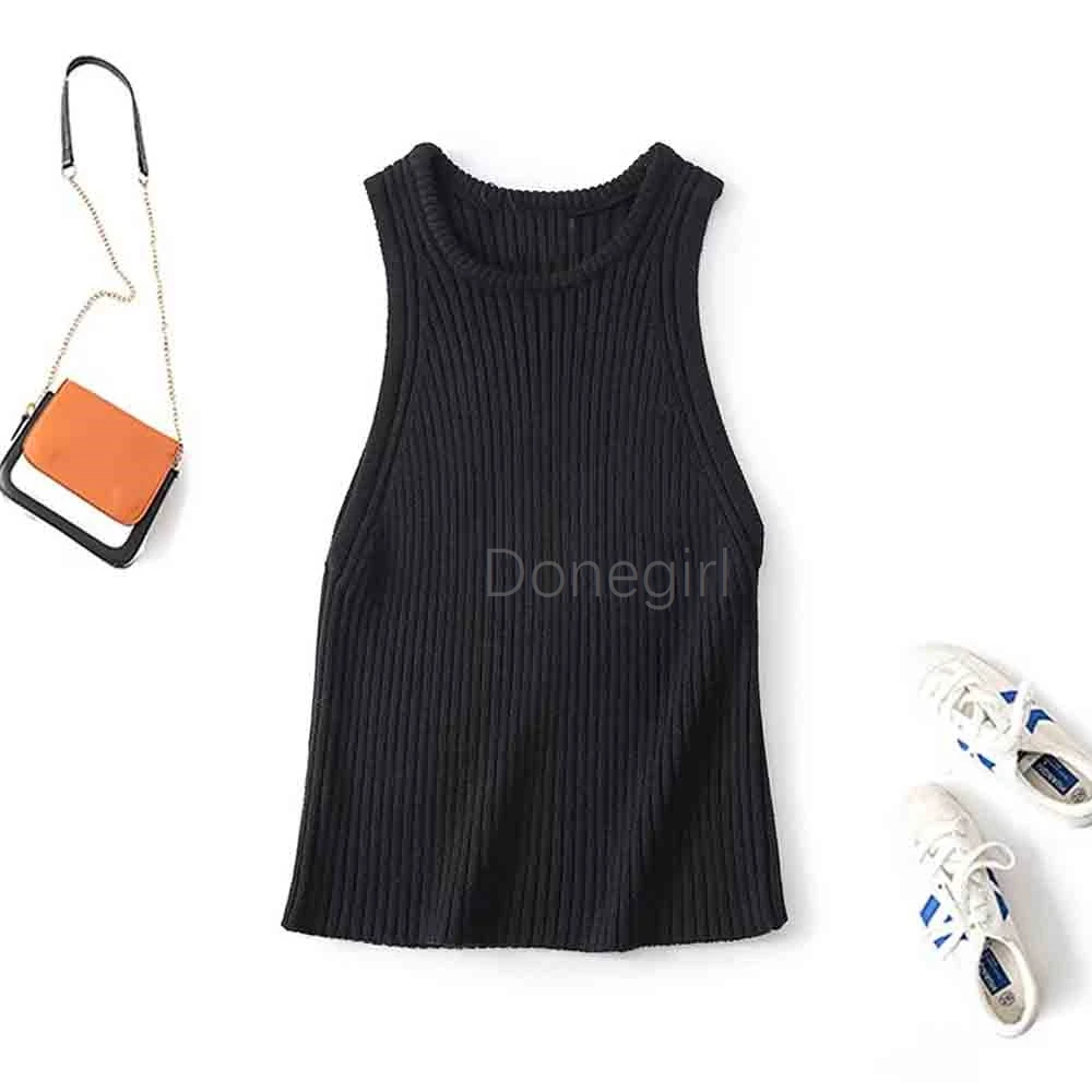 Donegirl Women 2024 Spring New Fashion Casual Knitted Rib Vest Retro Sleeveless Chic Round Neck All-Match Female Tank Top Mujer