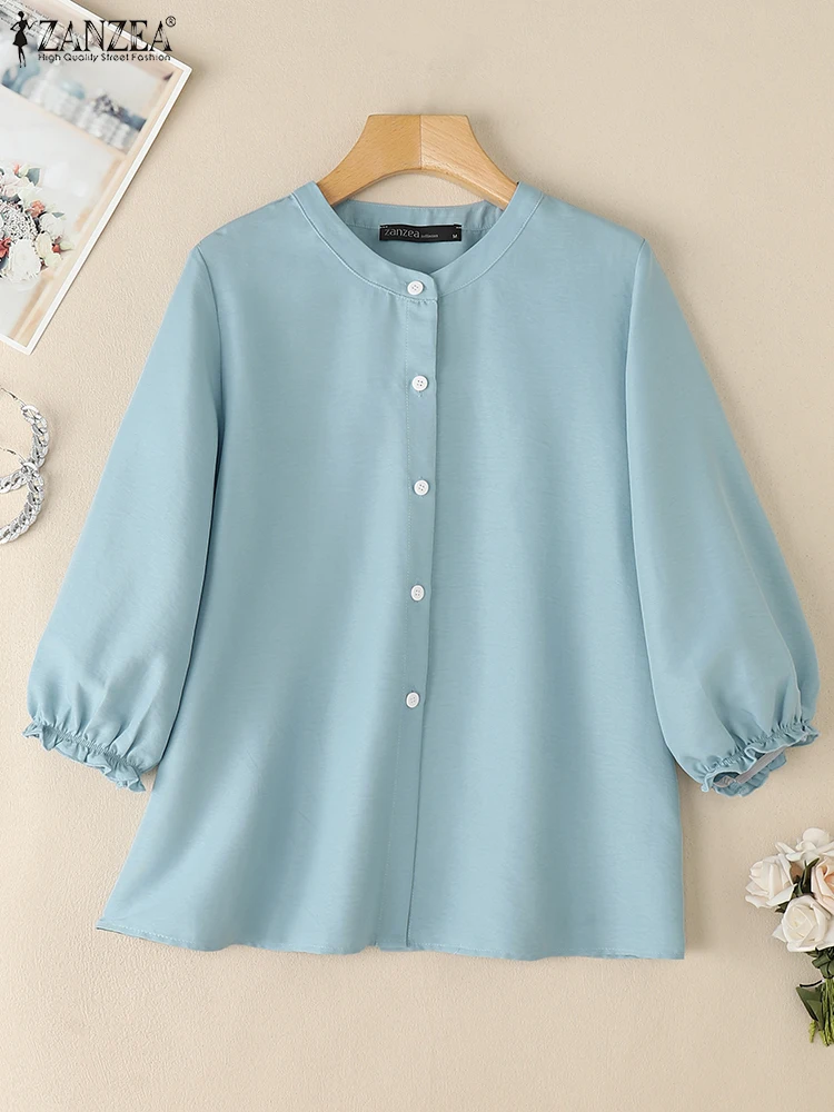 

ZANZEA 2025 Summer Woman Casual Shirts Fashion O-Neck Elastic-Cuff 3/4 Sleeve Button Up Chemise Femme Day Wear Solid Tunic Tops