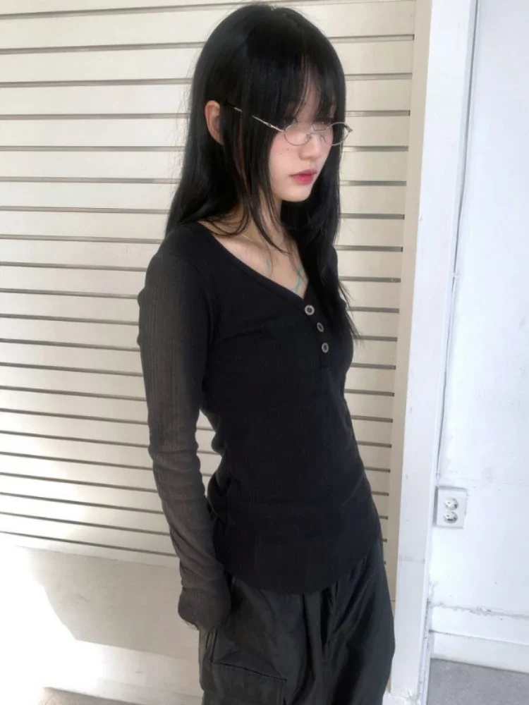 Autumn Y2k Aesthetic Vintage Solid Tees Streetwear Half Open Collar Casual Tshirts Women Harajuku Grunge Bottoming Tops