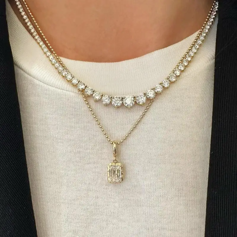 1PC Women's Geometric White Zircon Pendant Bead Chain Necklace Gold Color Plated Simple Daily Jewelry Gift.