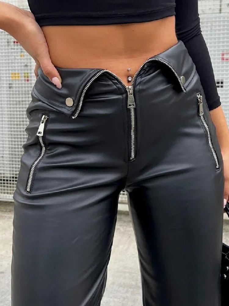 Sexy Pants Leather Trourser Zip Up High Waist Straight Leg Pants Women Slim Bottoms 2024 Y2K  Autumn Spring Chic Black Pant