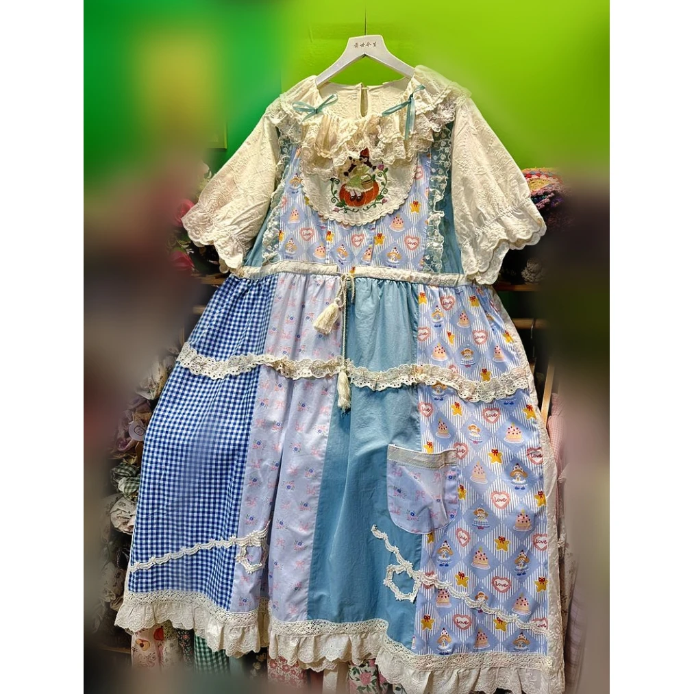 

Female Sweet Kawaii Ruffled Lace Patchwork Long Dress Summer Vintage Japanese Harajuku Lolita Korean Goblincore Plaid Midi Dress