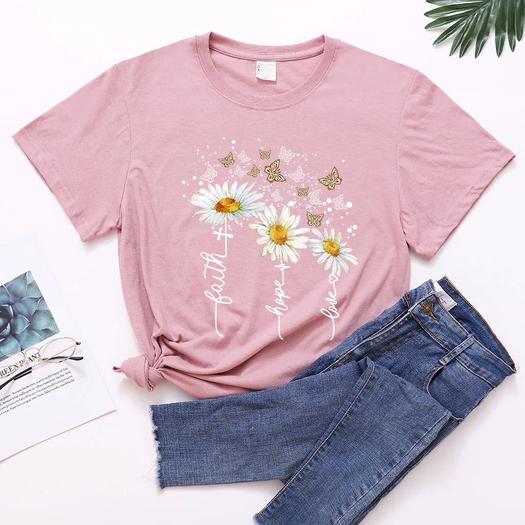 Butterfly Chrysanthemum Printed Fashion T-Shirt for Women Summer Funny Short Sleeve T Shirt O Neck Tee Shirt Causal Ladies Tops