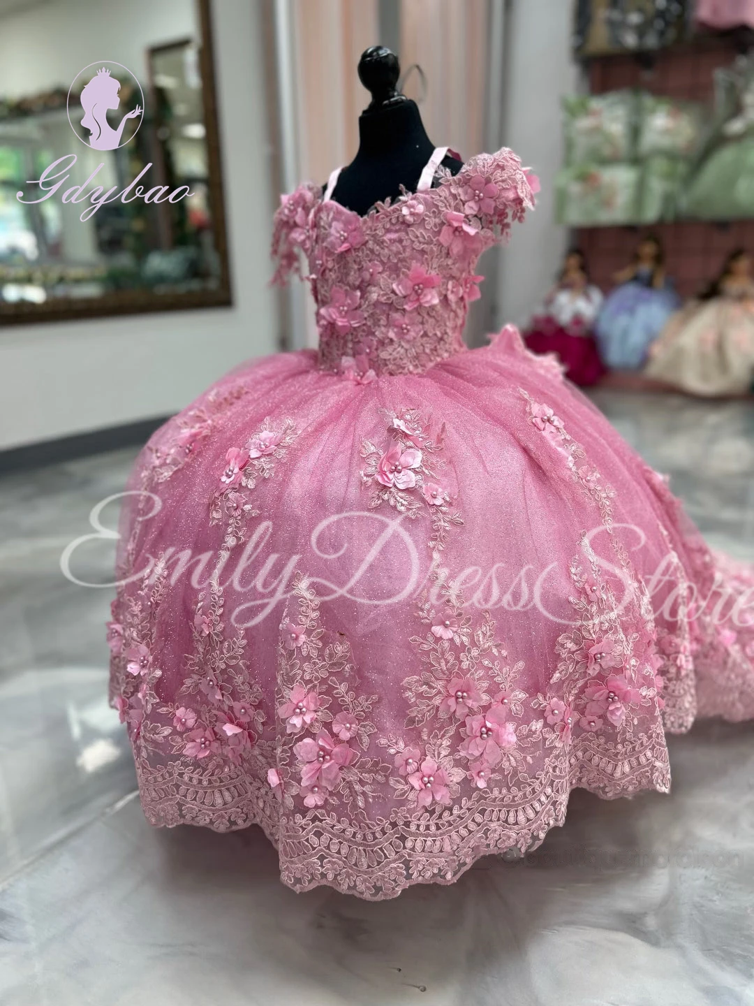Customized Pink Flower Girl Dresses For Wedding Luxury Puffy Tulle Applique Kids With Bow Birthday Party First Communion Gown