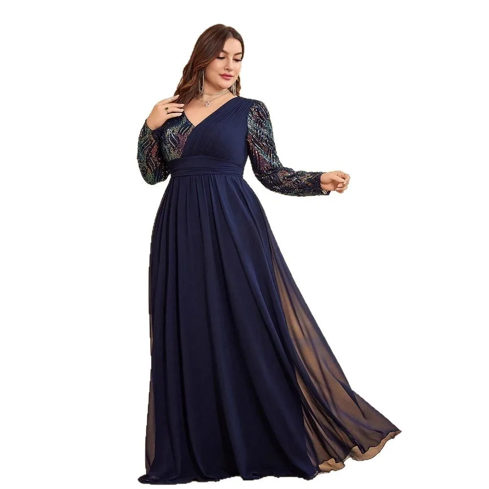 Abito da sera formale lungo in chiffon con scollo a V, paillettes colorate, maniche lunghe, vita arricciata e spacco, taglie forti, blu navy, per la madre della sposa