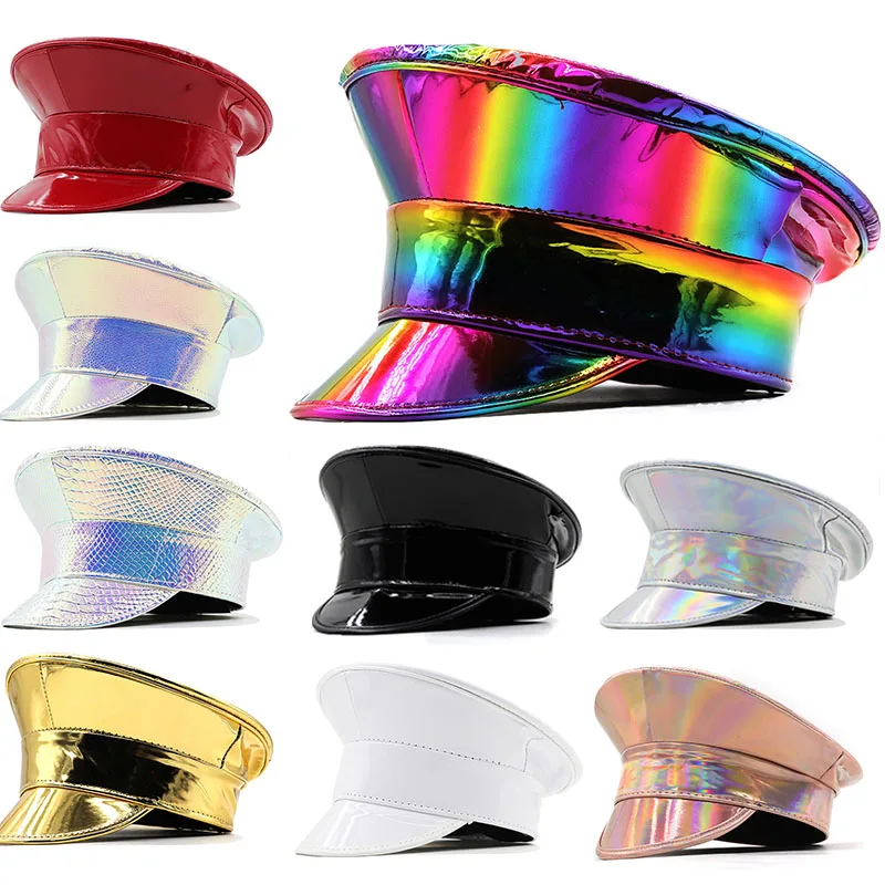 

Trendy PU Leather Military Hats Men Women Rainbow PVC Captain Cap Prom Performance Bar Cosplay Show Cool Party Flat Beret Caps