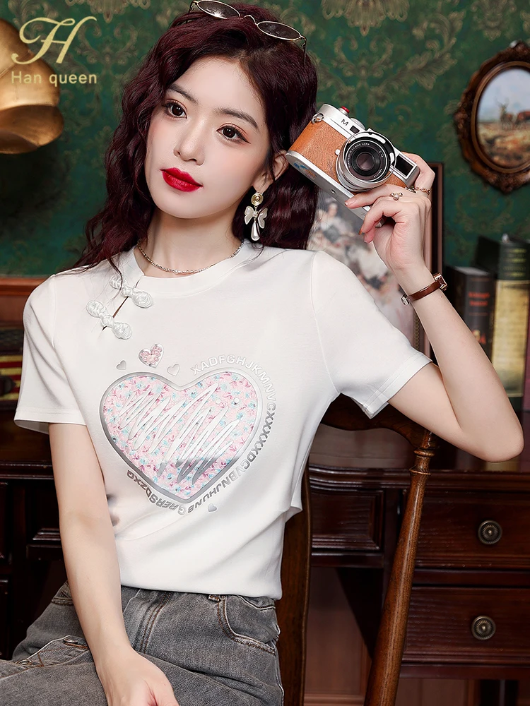 H Han Queen New 2024 Short Sleeve T-Shirts Women\'s Blouses Vintage Work Casual Crop Top Loose Summer Tees Korean Popular Clothes