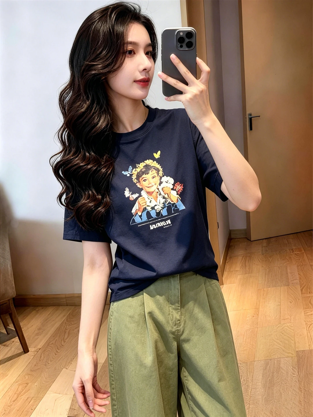 

Summer Loose Slimming Casual Small Size Women's Set New Korean Style Dark Blue Printed T-shirt Pants Two Piece Set