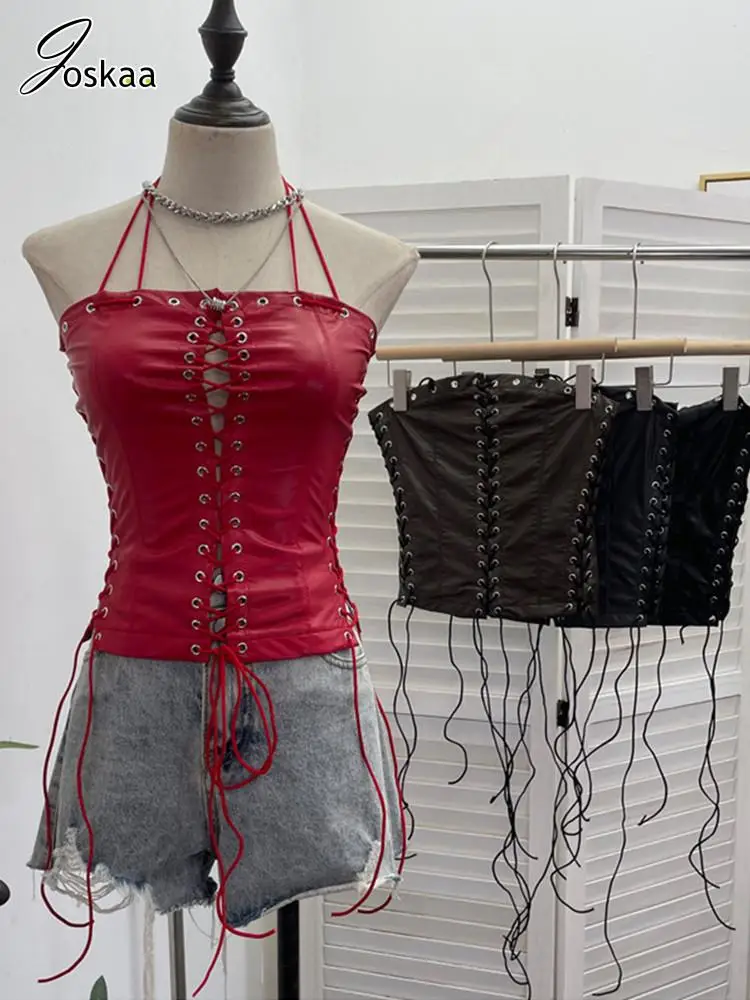 

Joskaa 2025 женский корсет из искусственной кожи Y2K, сексуальный топ с вырезом на шнуровке, облегающий укороченный жилет с лямкой на шее, вечерние клубные топы