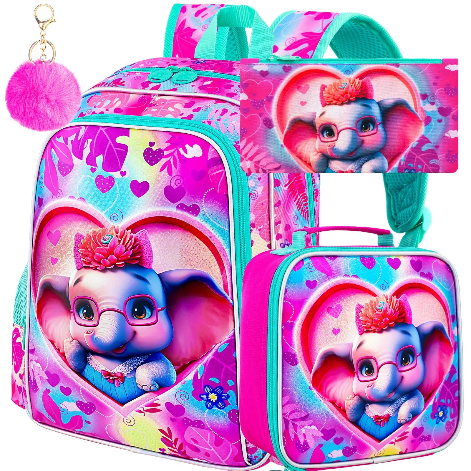 

3 шт. рюкзак со слоном для девочек, водонепроницаемая детская сумка для книг с коробкой для завтрака, 16-дюймовые дошкольные рюкзаки для начальной школы - слон