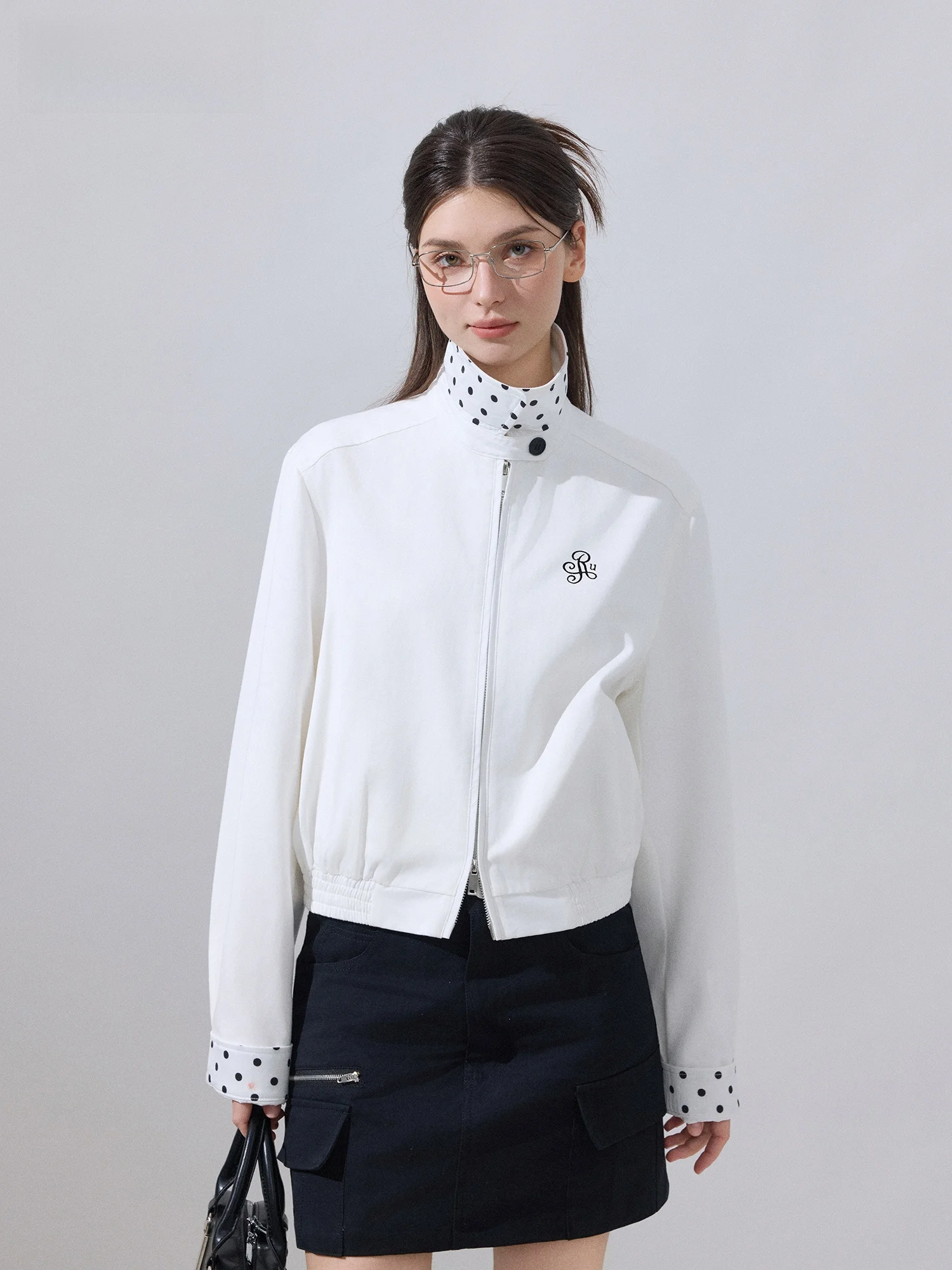 

Ikyou Women's Slim Fit Polka Dot Patchwork Workwear Jaet Spring Autumn Casual Sle Stand Version Long Sve Zipper Clo...