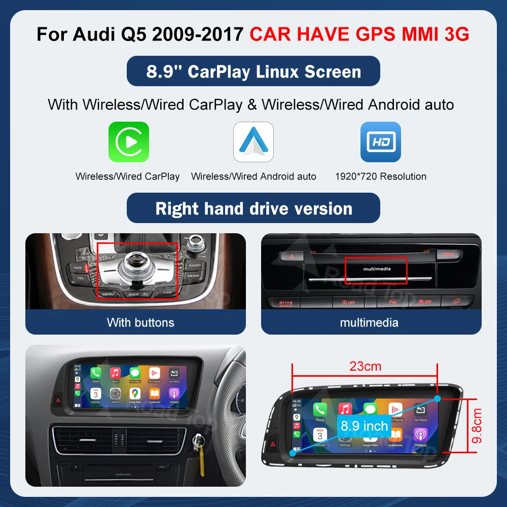 8,9'' Road Top Multimedia Display Touchscreen voor Audi Q5 2009-2017 met Airplay, Miracast functie, draadloze Carplay en Android Auto