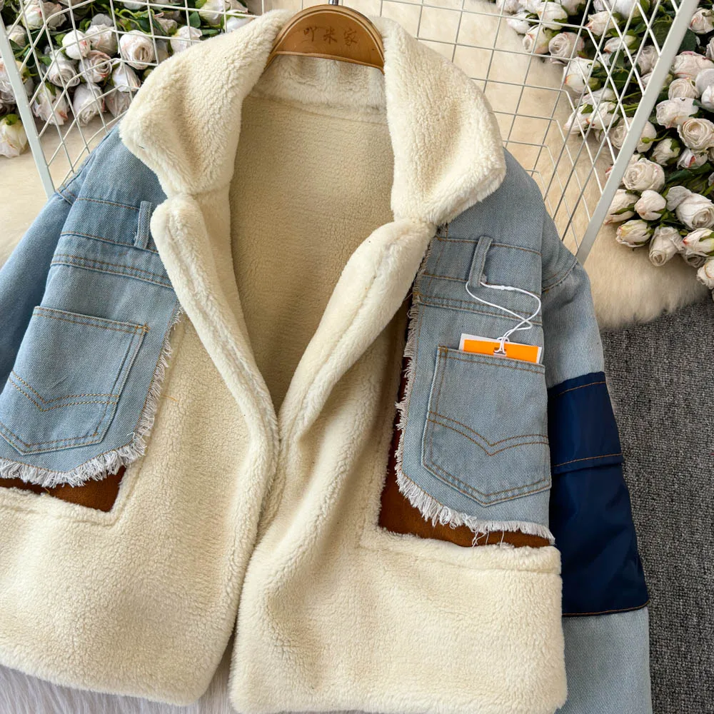 Mantel Denim wanita, mantel Denim tebal wol domba warna cocok longgar pendek musim dingin