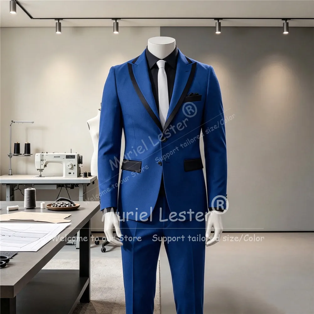 Elegant Spliced Suits Men For Wedding Black Peaked Lapel Jacket Pants 2 Piece Sets Groom Tuxedo Male Fashion Party Prom Blazers