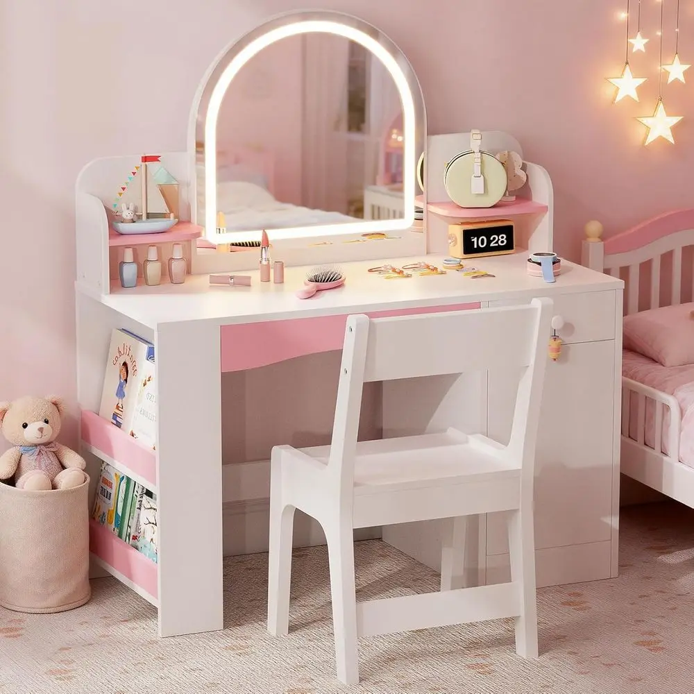 

Детский туалетный столик 2-в-1 с подсвечиваемым зеркалом, стулом, местом для хранения и книжной полкой (белый)
