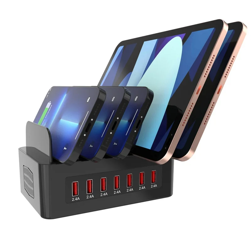 100W Universal Multi USB Charger 7 Port USB Fast Charging Station Tablet Stand For Ipad Iphone 15 14 13 12 Pro Max Samsung S24