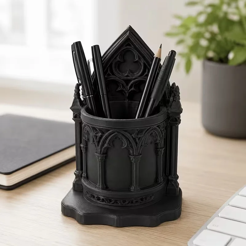 3D Printed Black Gothic Cathedral Carved Pen Holder Vintage Hollow Arch Makeup Brush Dark Retro Desktop Decor Sculpture