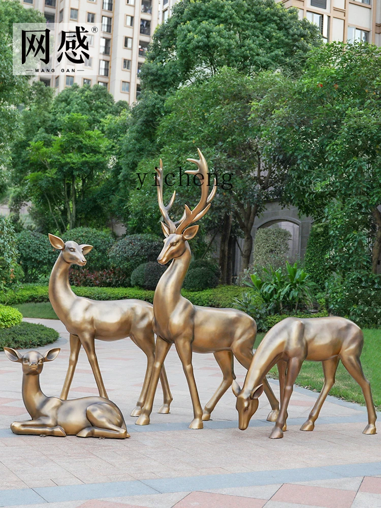 Zf Imitation Copper Deer Sculpture Outdoor Garden Landscape Decoration Frp Sika Deer Big Decorations