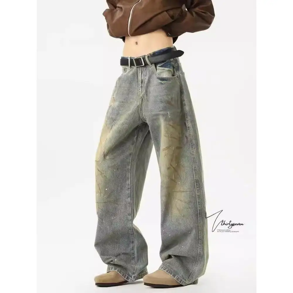 

Retro American Waed Denim Jeans Loose Casual Straight Leg Pants for Men And Women High Street Sle Slimming Effect