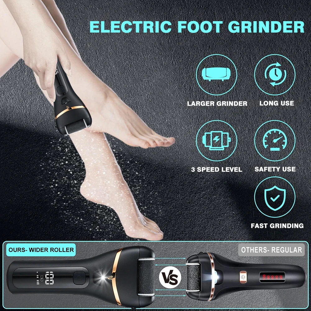 Rimuovi Calli Elettrico per Piedi, Kit Professionale All-in-1 per Pedicure e Cura dei Piedi, Scrubber per Piedi per Pelle Dura, Screpolata, Secca e Morta, 3 Rulli, 3 Velocità, Luce, Indicatore